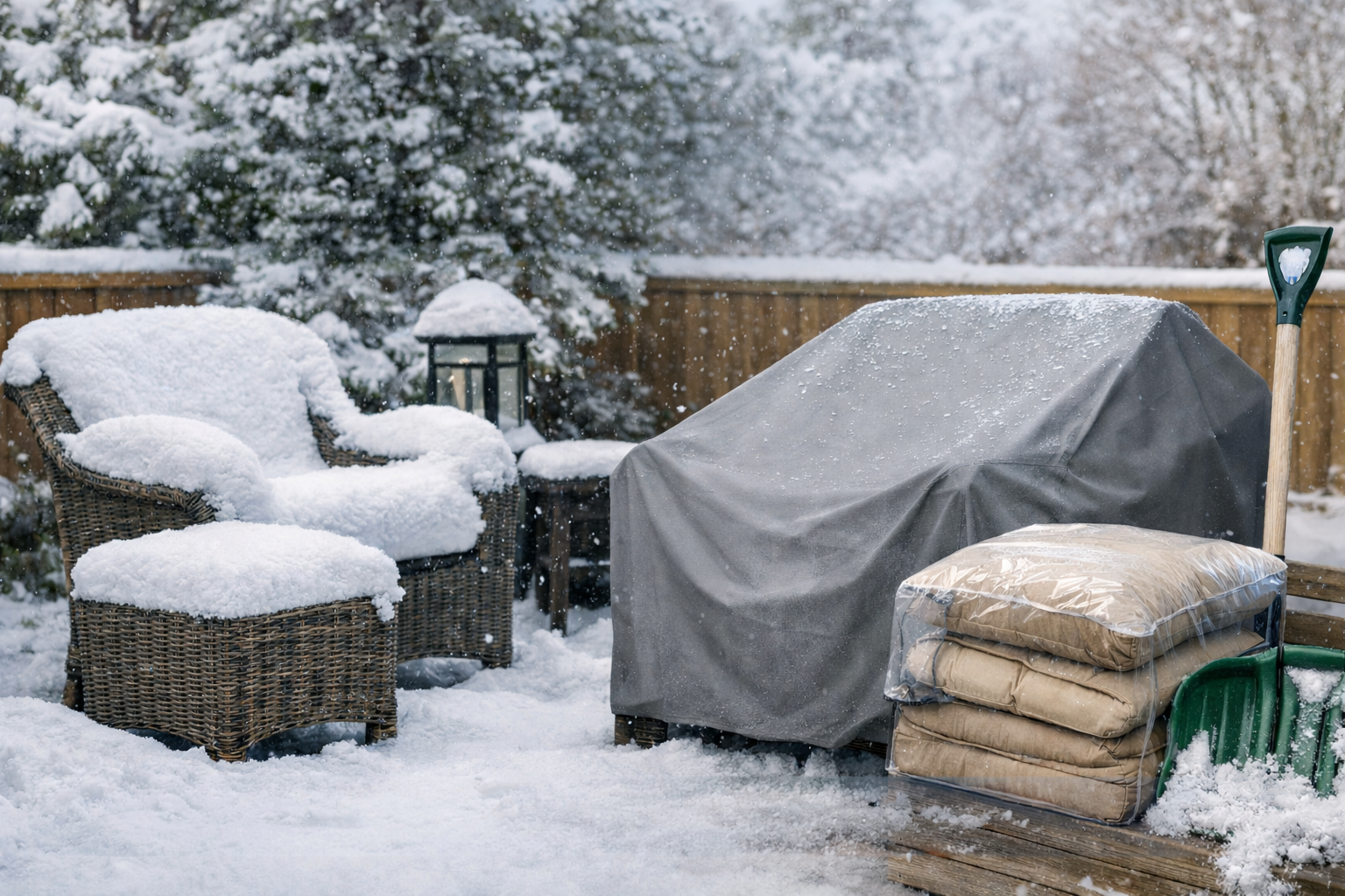 protected furniture covered in winter snow