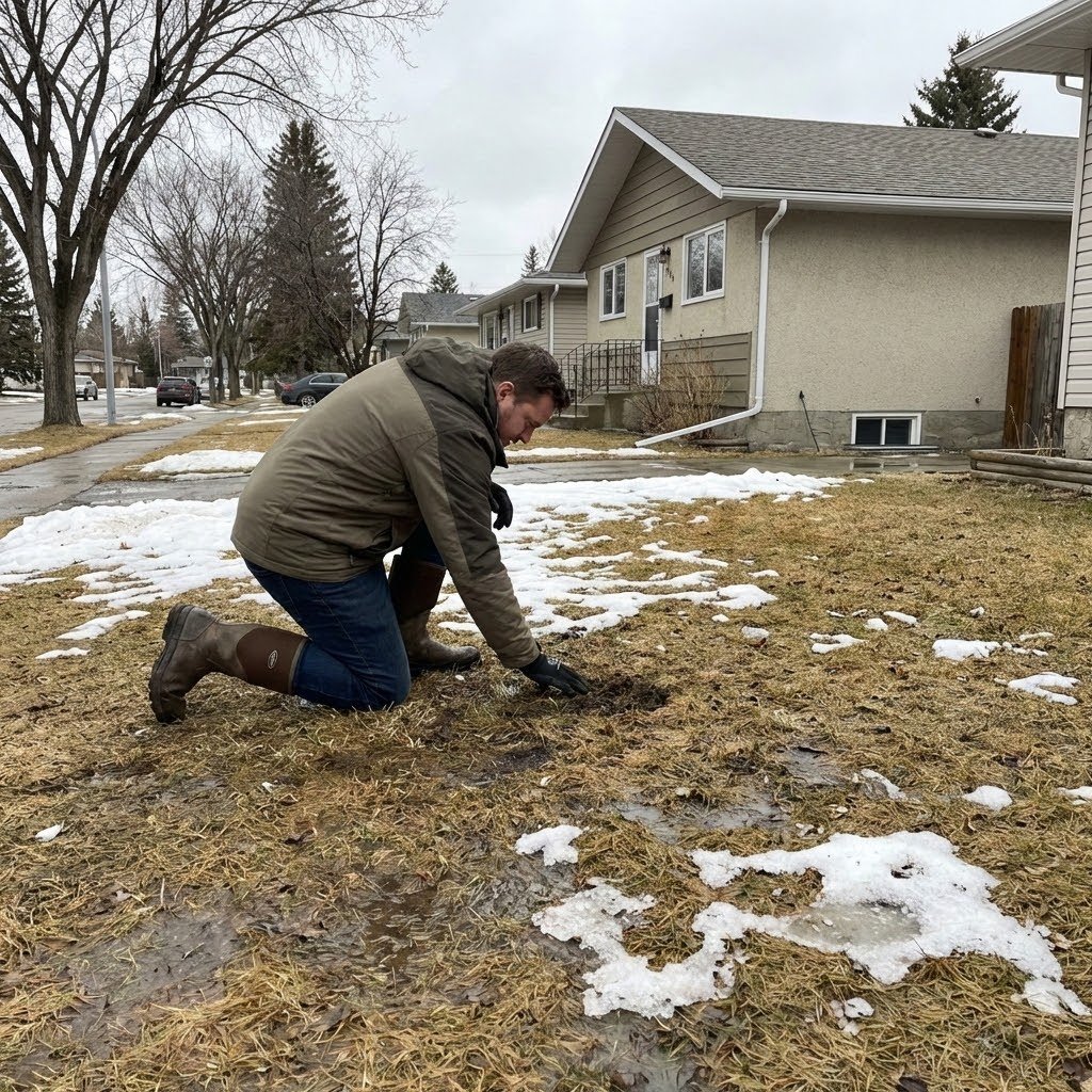 Edmonton spring lawn during freeze-thaw season with partially dormant grass and a homeowner checking yard conditions.