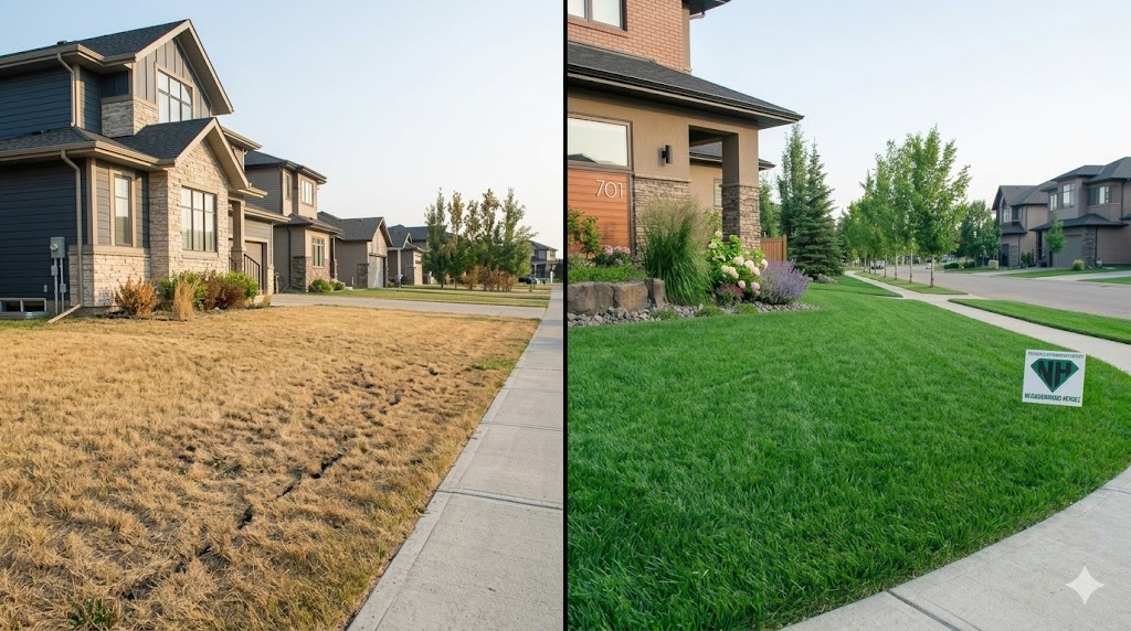 Side-by-side image of two Edmonton lawns. one is yellow and dead, the other is green and lush. 