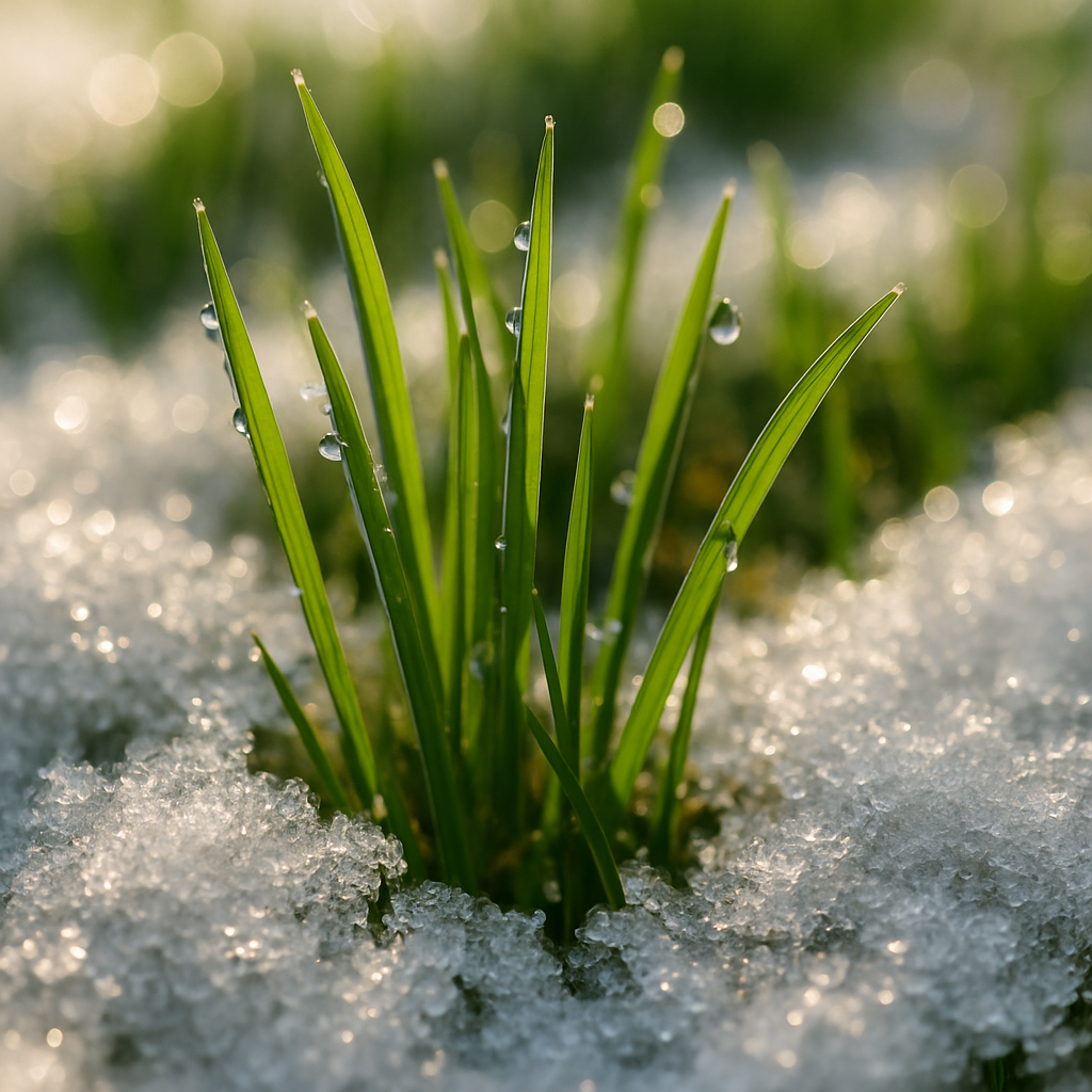 Close-up of vibrant green grass blades emerging th