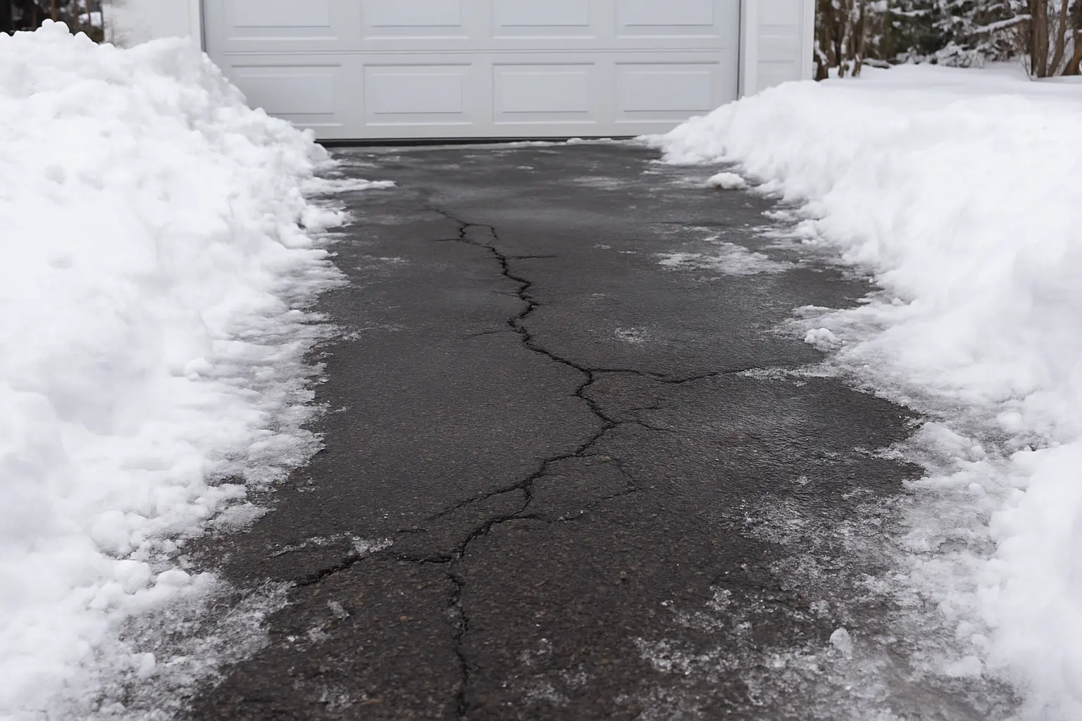 Frozen driveway cracks after snow removal