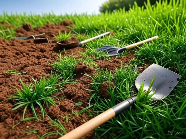 soil with bare patches and gardening tools